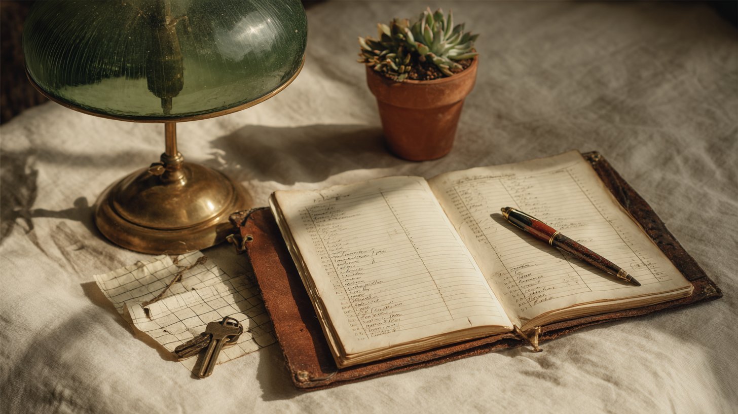 Vintage banker's lamp over an open ledger with brass key and terracotta planter