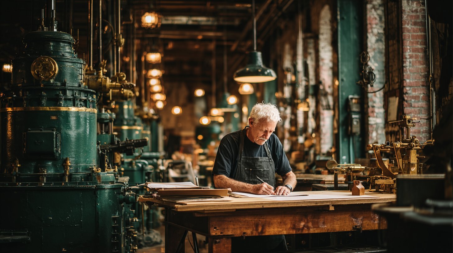 Craftsperson reviewing papers at a workbench in a warm industrial workshop