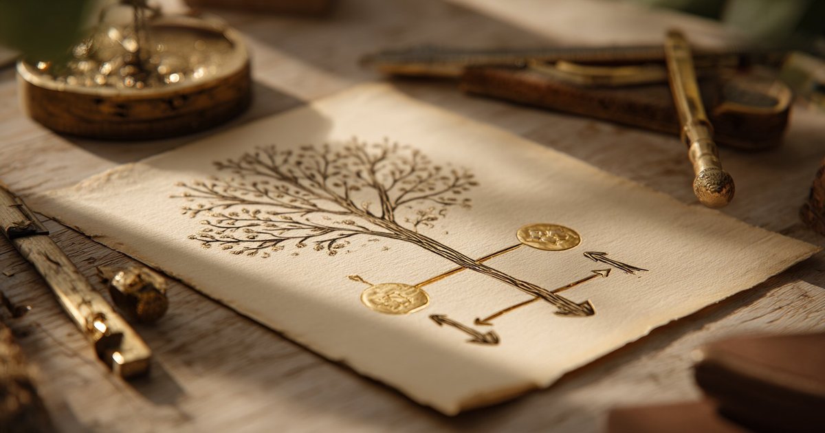 Hand-drawn decision diagram on parchment paper with brass drafting tools