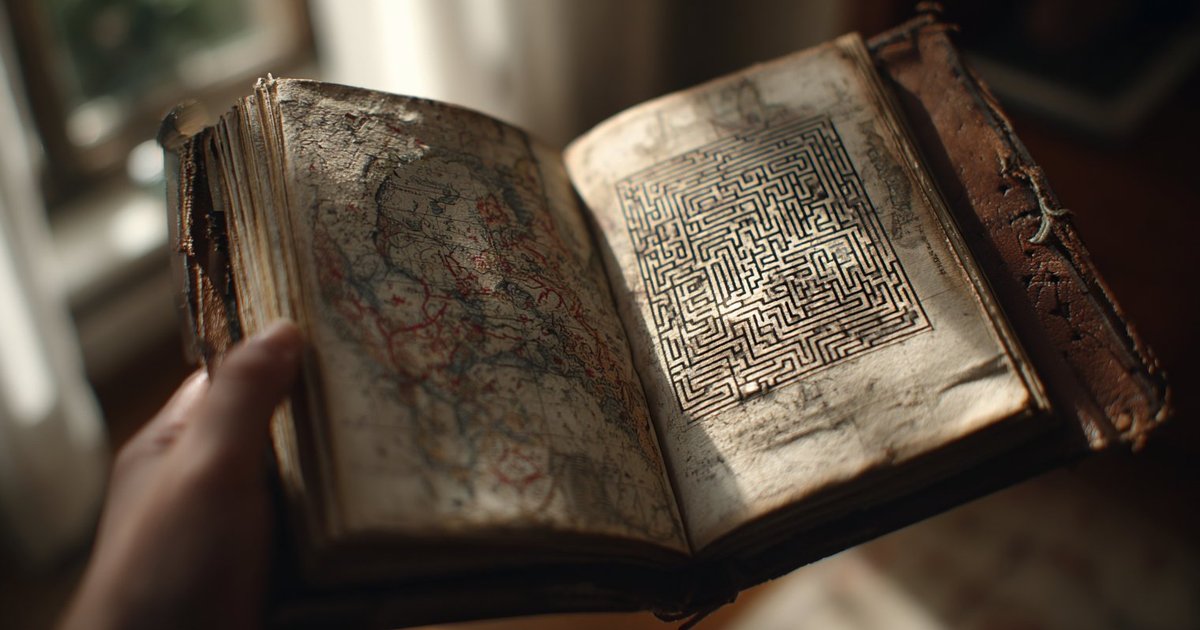Open book showing a path drawn out of a maze pattern