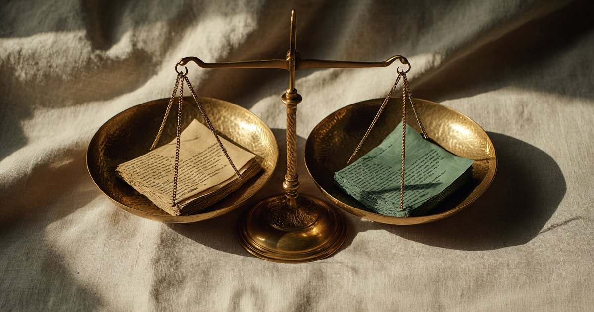 Two brass scale pans balancing folded financial documents