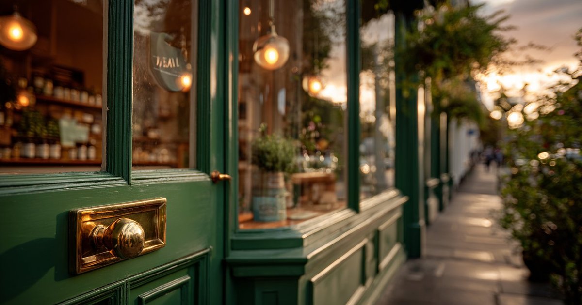 Forest green storefront door with brass handle at golden hour