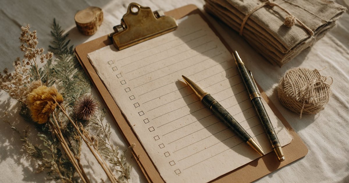 Checklist on brass clipboard with fountain pens and linen documents