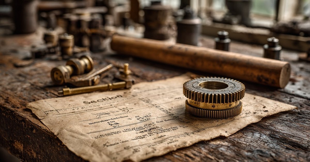 Vintage brass gear and precision tool on walnut workshop bench with tax document